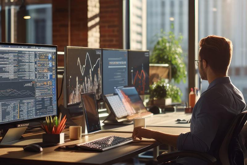 A man sitting at a wooden desk looking at various computer screens showing data and analytics